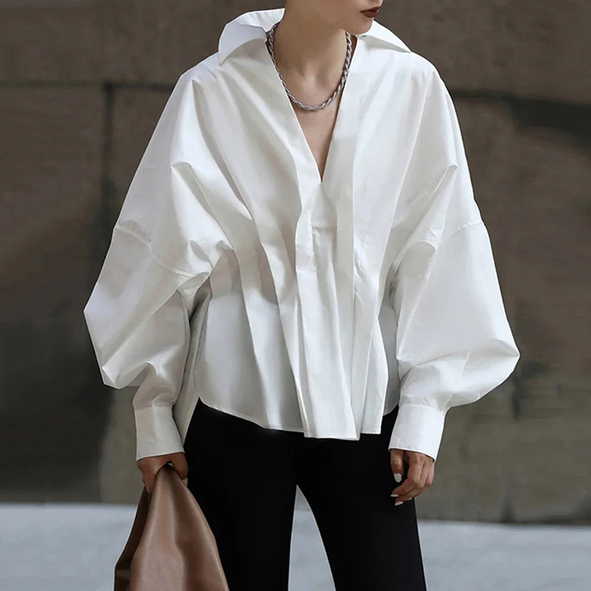 White Blouse  V-neck Solid