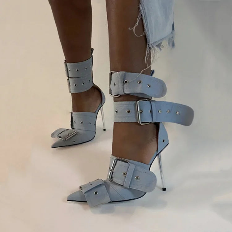 Rivet Buckle Silver Sandals