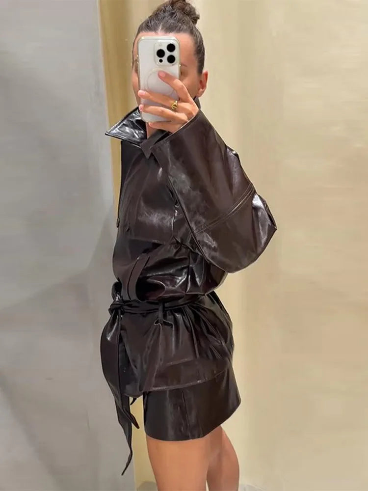 Street Belt Leather Jacket Shorts Set Women