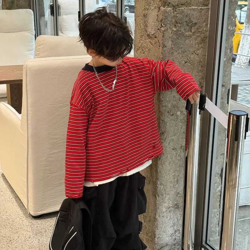 Red Stripe T-shirt Boys Crewneck Long Sleeve Loose Pullover