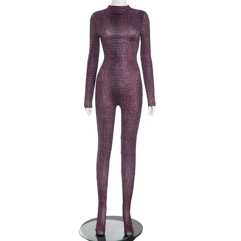 Serpentine Print Footed Skinny Jumpsuits
