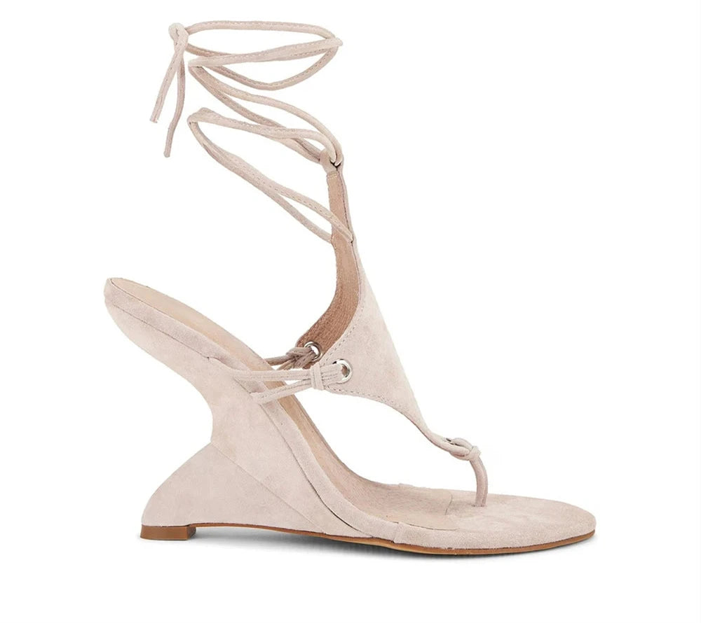 Sculpted Wedge Thong Sandals Ankle Wrap