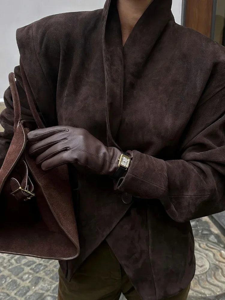 Dark Brown Suede Oversized Blazer Women Long Sleeve