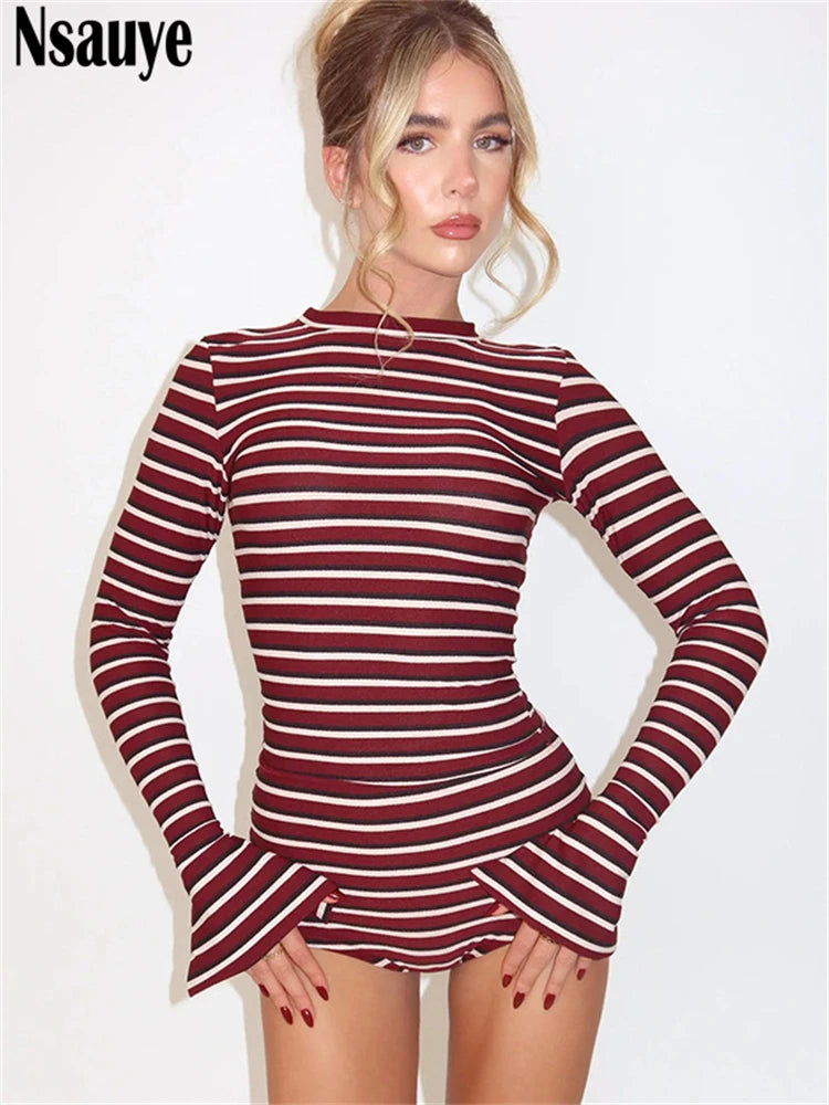 Long Sleeve Casual Basic Striped Cropped