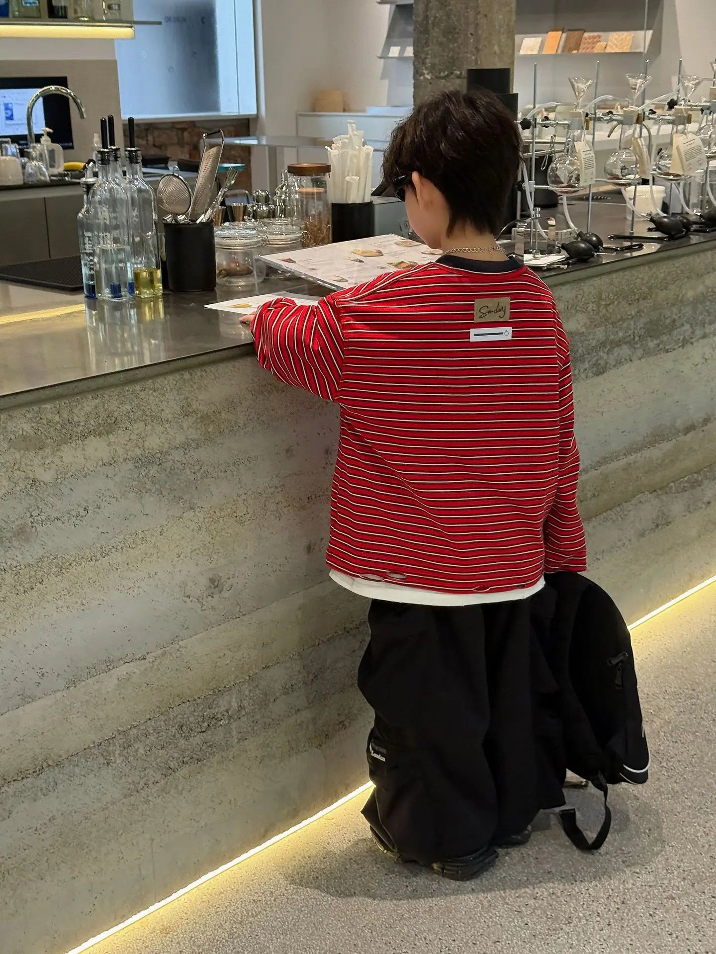 Red Stripe T-shirt Boys Crewneck Long Sleeve Loose Pullover