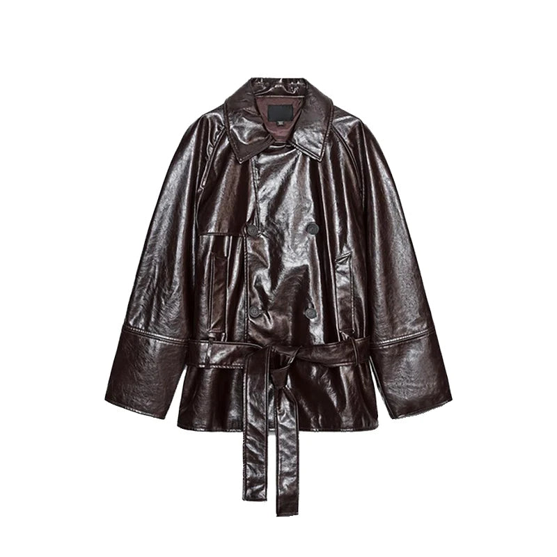 Street Belt Leather Jacket Shorts Set Women