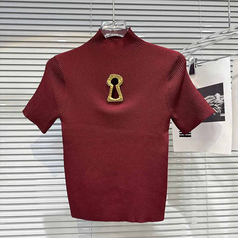 Metal Hollow Buckle Design Knitted Short Sleeve