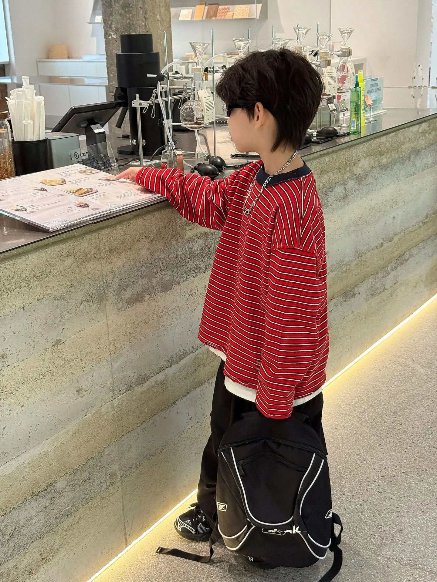 Red Stripe T-shirt Boys Crewneck Long Sleeve Loose Pullover