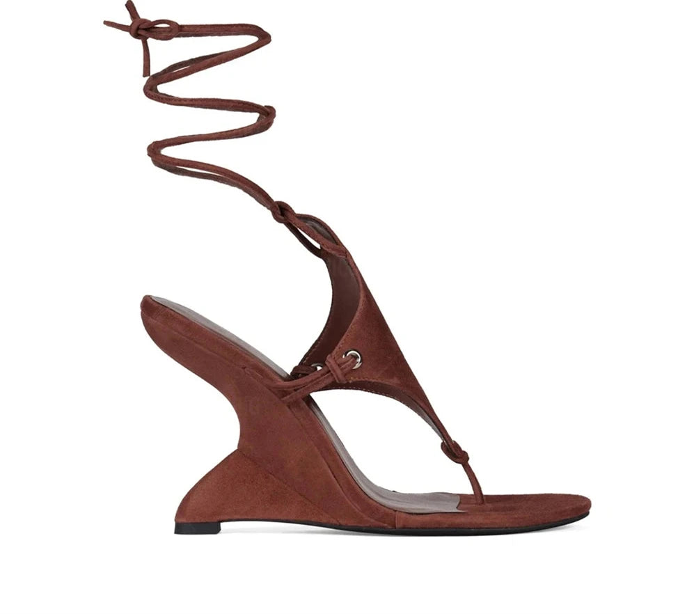 Sculpted Wedge Thong Sandals Ankle Wrap