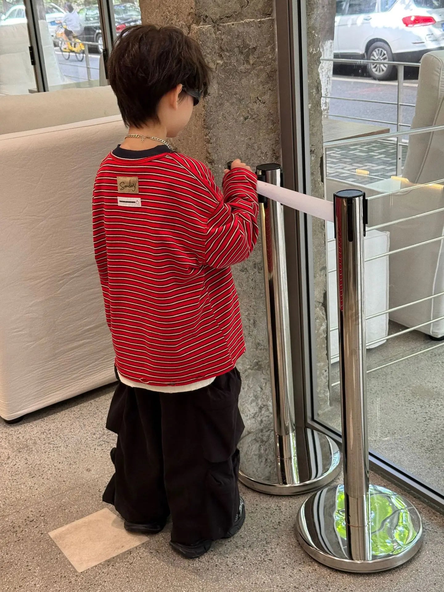 Red Stripe T-shirt Boys Crewneck Long Sleeve Loose Pullover