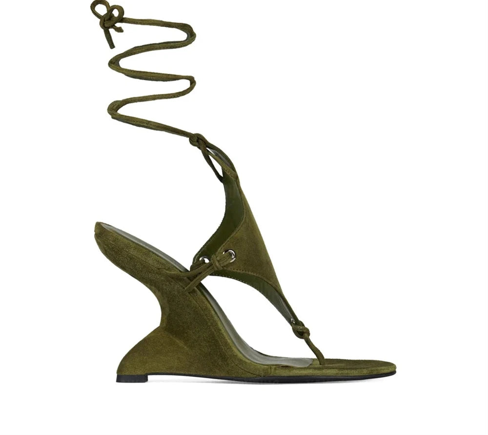 Sculpted Wedge Thong Sandals Ankle Wrap