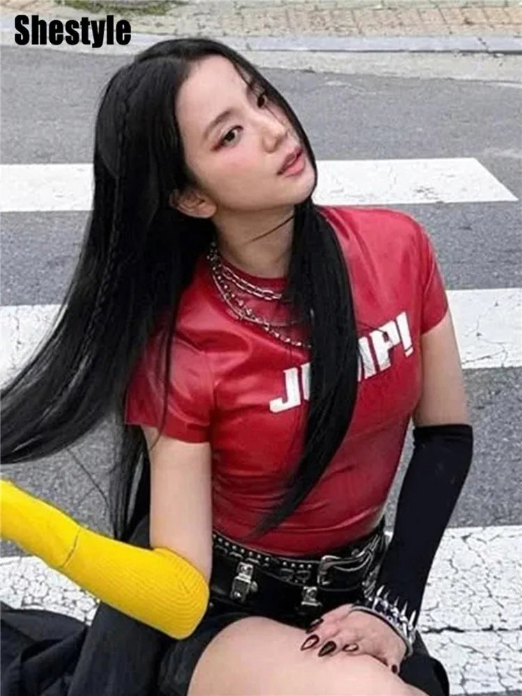 PU Leather Short Sleeve T-Shirts