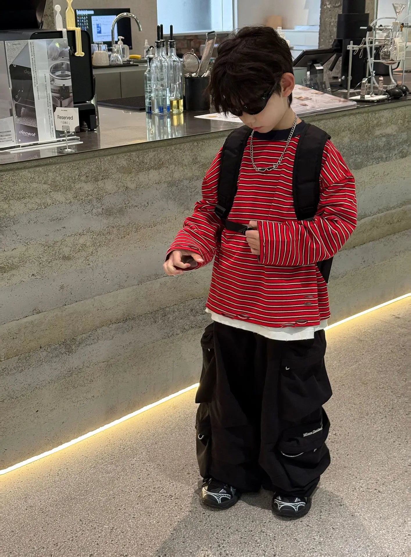 Red Stripe T-shirt Boys Crewneck Long Sleeve Loose Pullover