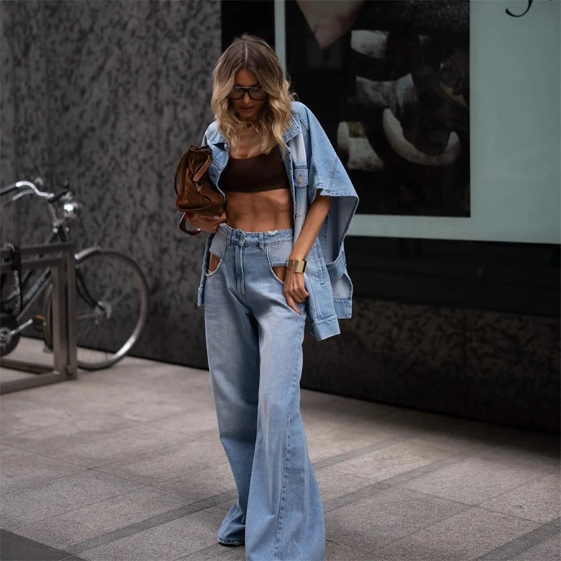 Street Hollow Out Jacket Pants Set