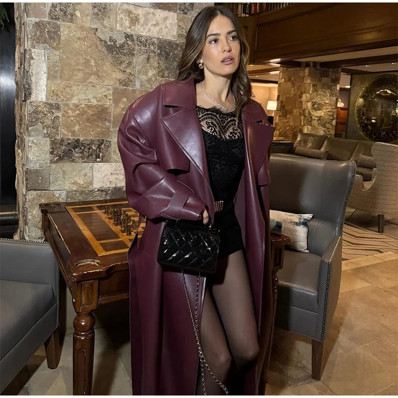 Street Pu Leather Women Long Coat