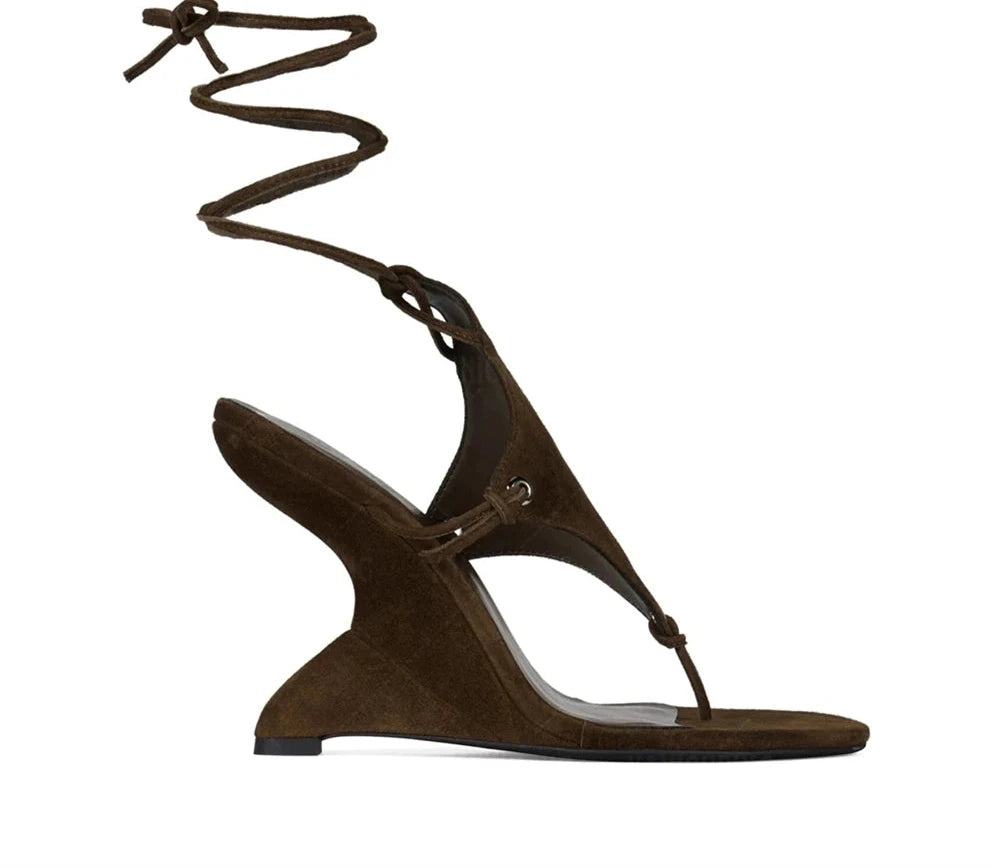 Sculpted Wedge Thong Sandals Ankle Wrap