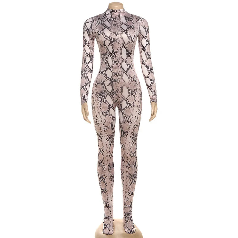 Serpentine Print Footed Skinny Jumpsuits