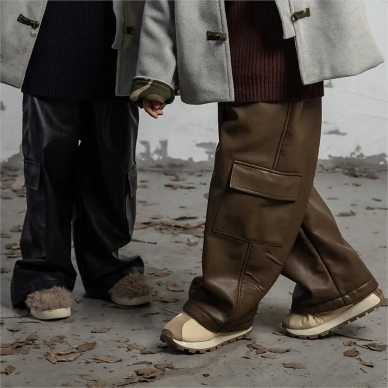 Children PU Leather Loose Cargo Pants