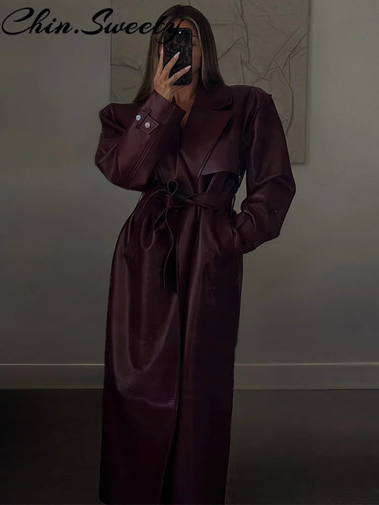 Street Pu Leather Women Long Coat