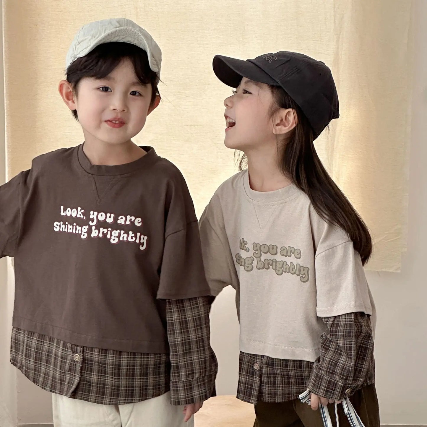 Splicing Plaid Letter Printed kids T-shirt Cotton Round