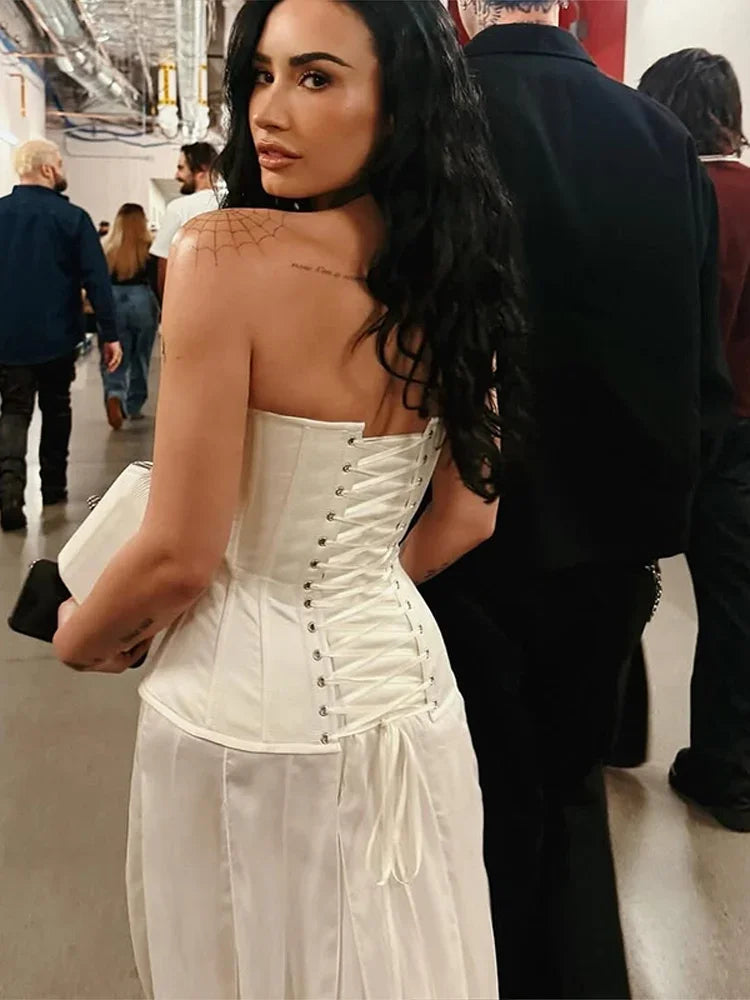 Elegant Solid Top For Women Strapless Sleeveless Backless Lace Up Slim Vest 2025 Summer New Female Sexy Vacation Club Tank Top