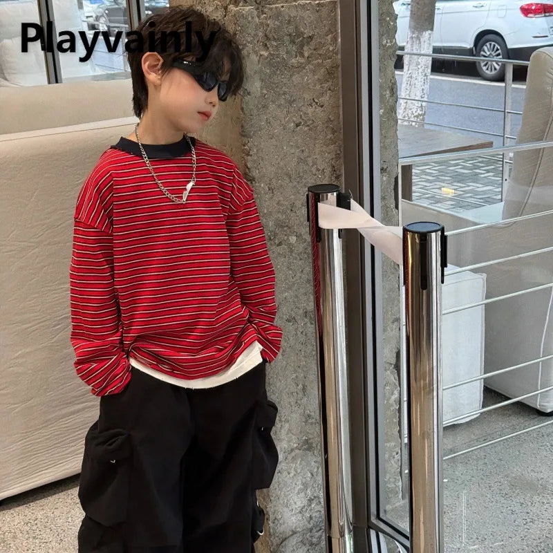 Red Stripe T-shirt Boys Crewneck Long Sleeve Loose Pullover