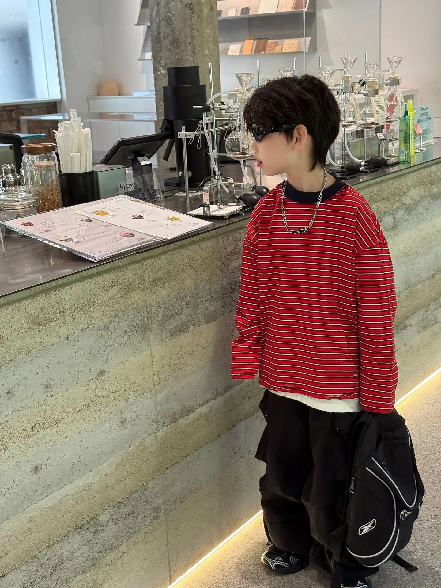 Red Stripe T-shirt Boys Crewneck Long Sleeve Loose Pullover