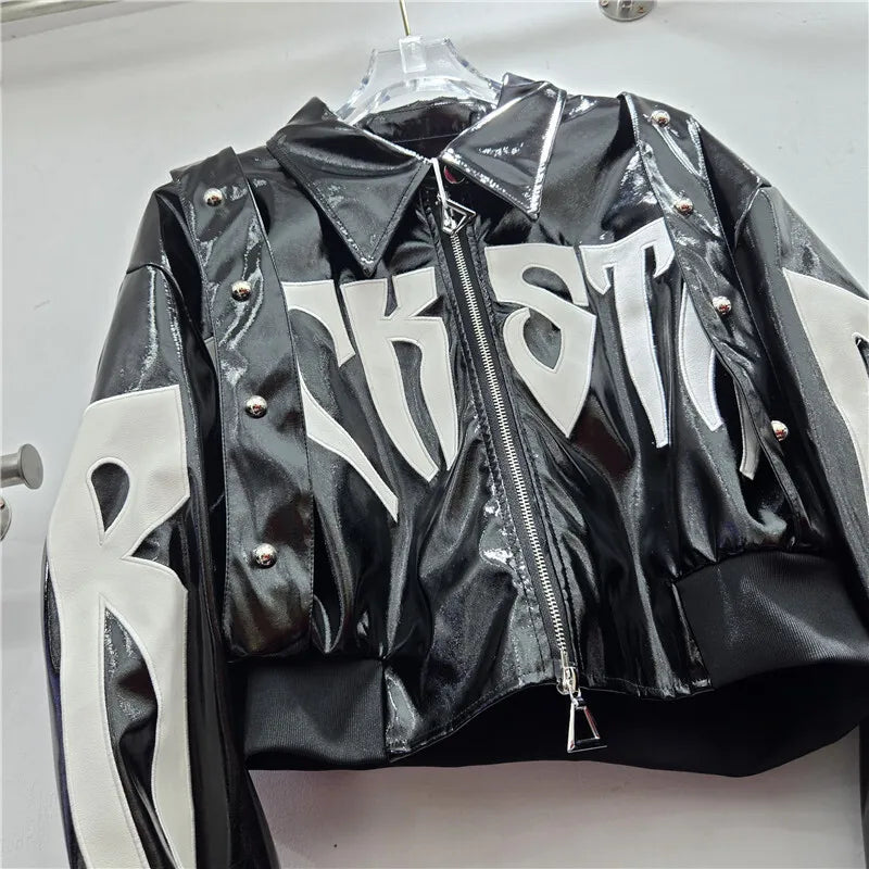 Short Jacket Faux Leather Letter