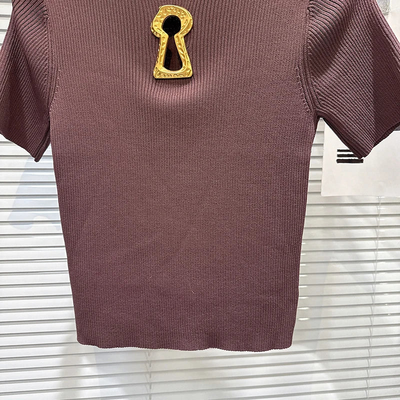 Metal Hollow Buckle Design Knitted Short Sleeve