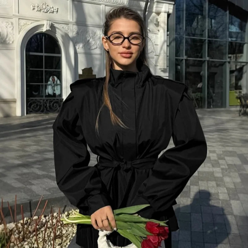 Lace-up Slim Solid Trench Coat