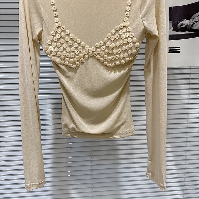 Button Beaded Bikini Pattern Mesh