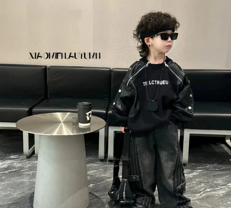 Splicing PU Sweater Denim