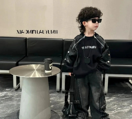 Splicing PU Sweater Denim