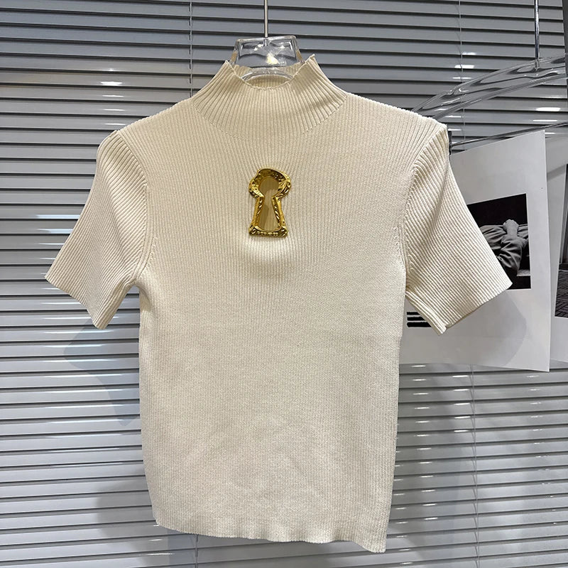 Metal Hollow Buckle Design Knitted Short Sleeve
