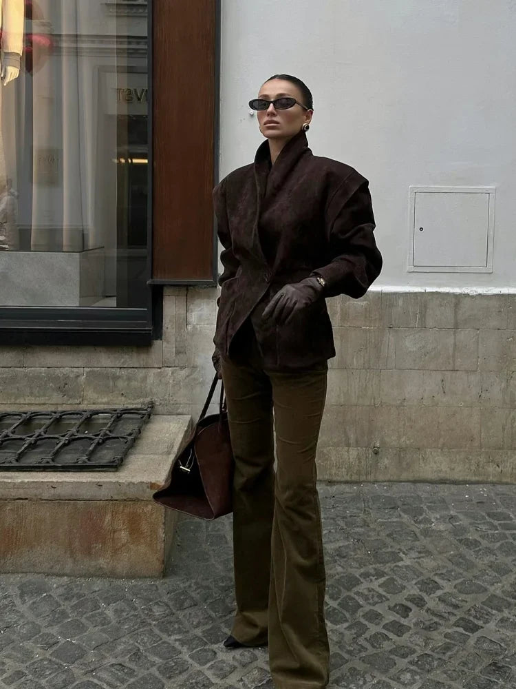 Dark Brown Suede Oversized Blazer Women Long Sleeve