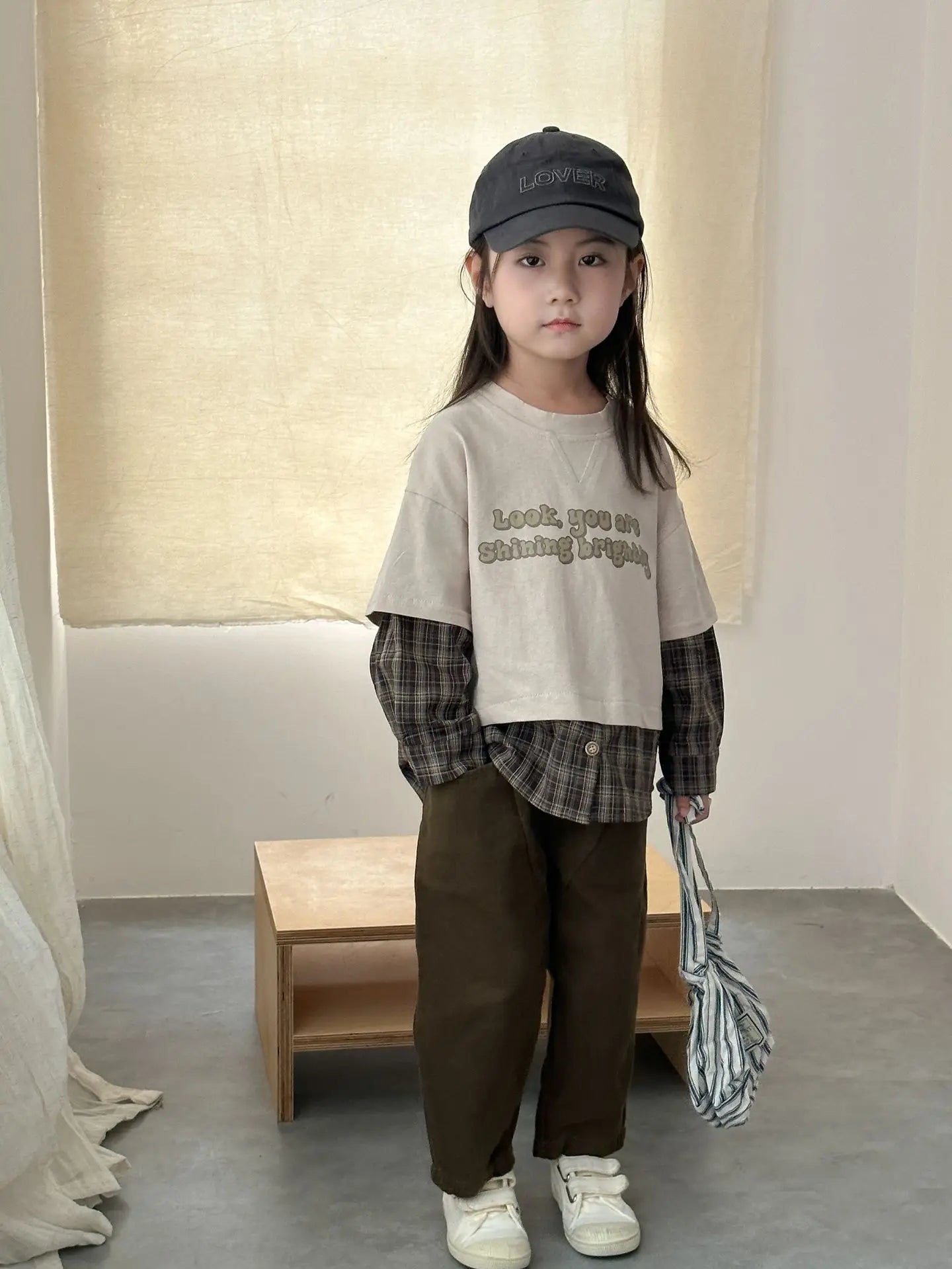 Splicing Plaid Letter Printed kids T-shirt Cotton Round