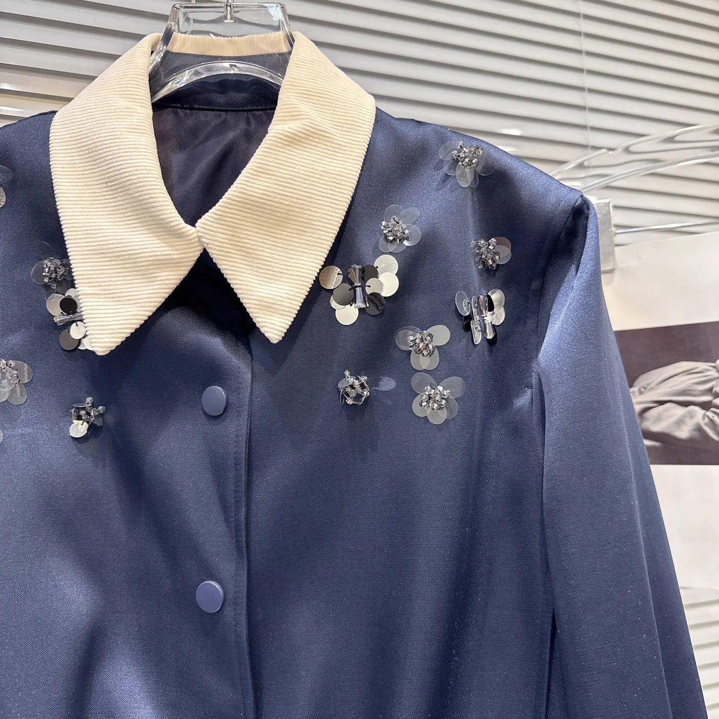 Turn Down Collar Sequins Beadings skirt set