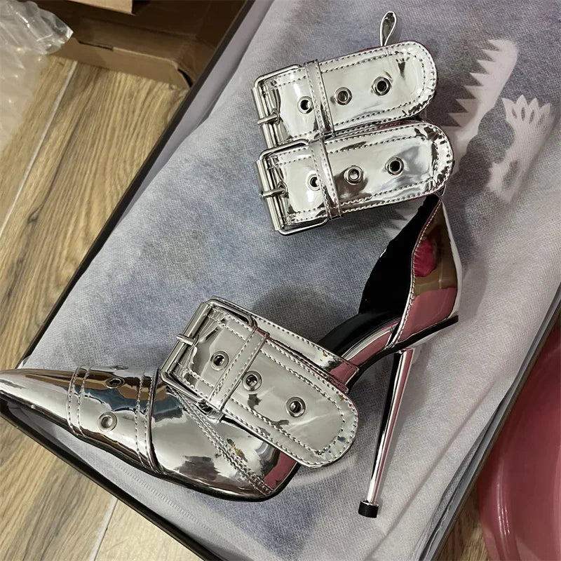Rivet Buckle Silver Sandals