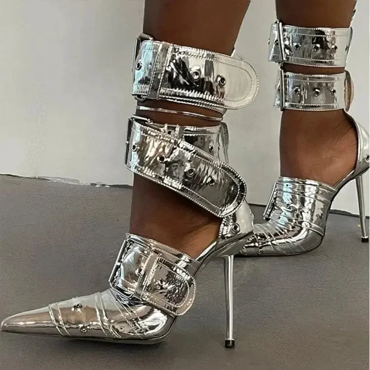 Rivet Buckle Silver Sandals
