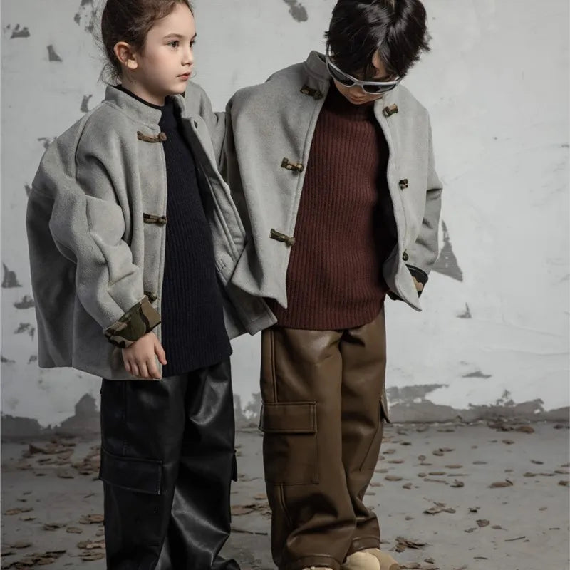 Children PU Leather Loose Cargo Pants