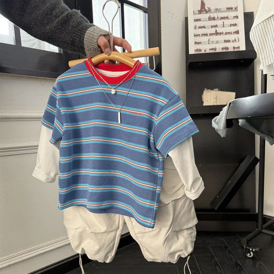 2025 Spring New Boys Red and Blue Stripe