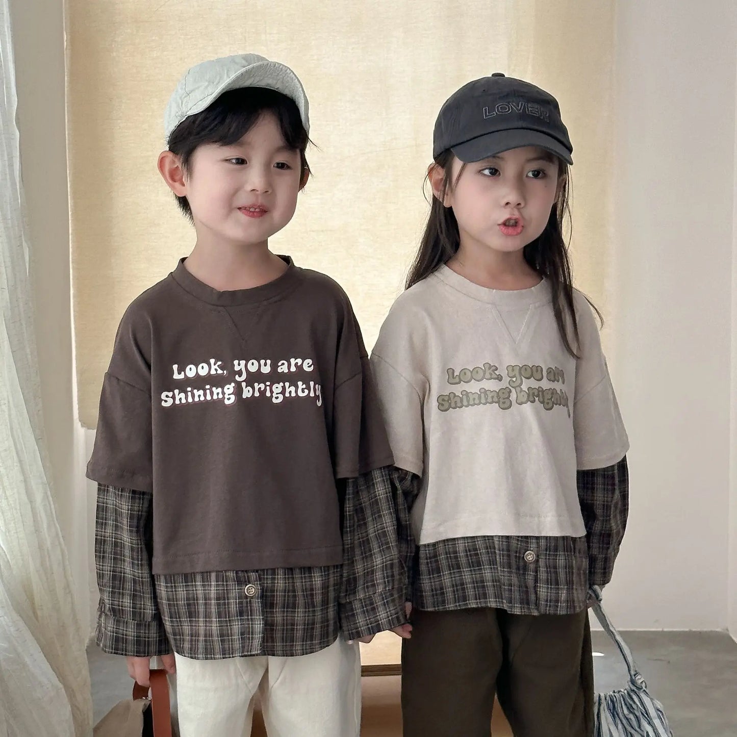 Splicing Plaid Letter Printed kids T-shirt Cotton Round