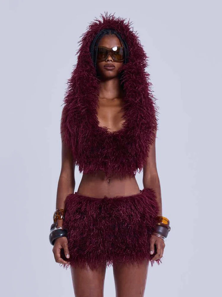 Hooded Furry 2 Piece Set Women