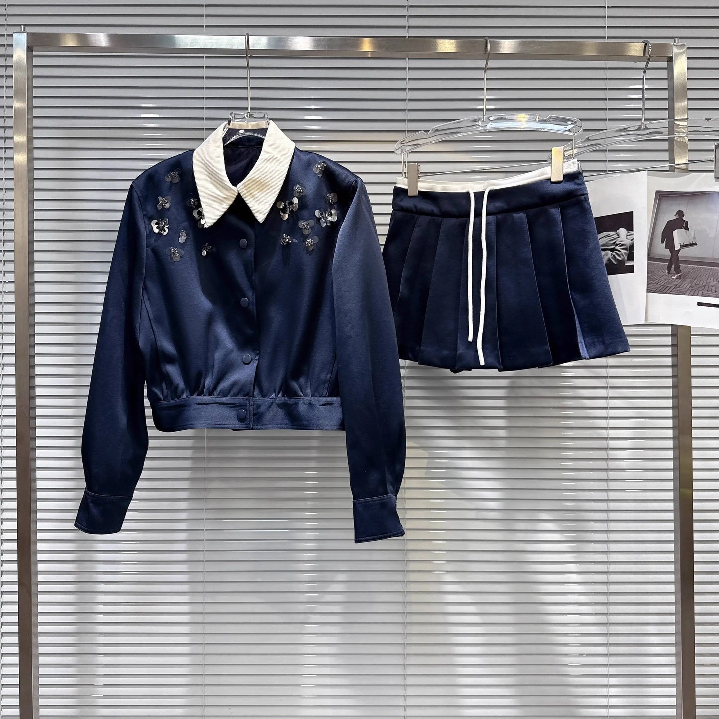 Turn Down Collar Sequins Beadings skirt set