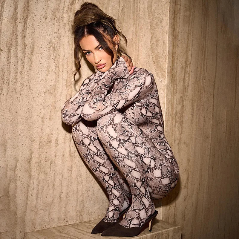 Serpentine Print Footed Skinny Jumpsuits